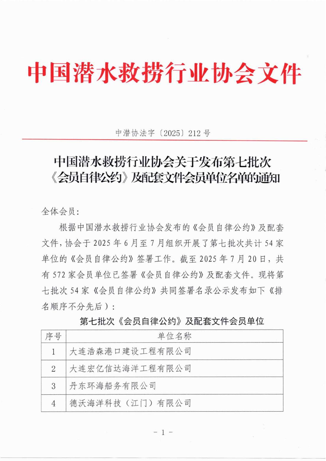 （发文-2025-212）中国潜水救捞行业协会关于第七批次《会员自律公约》及配套文件会员单位名单的通知_01.jpg